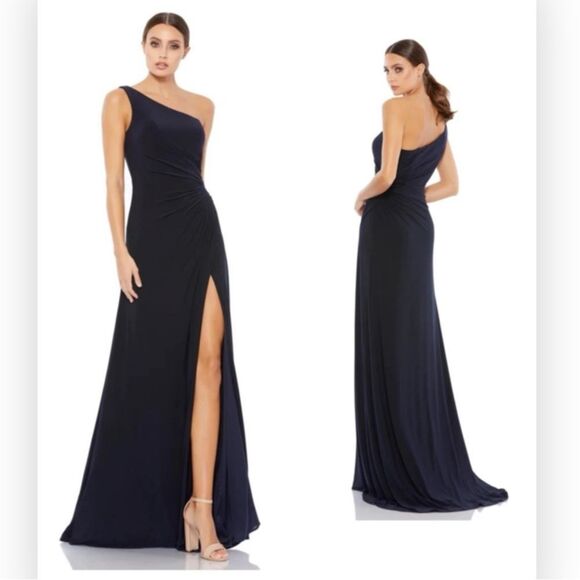Mac Duggal 26163 Midnight Blue One Shoulder Ruched Jersey Evening Size 14 - Picture 1 of 6